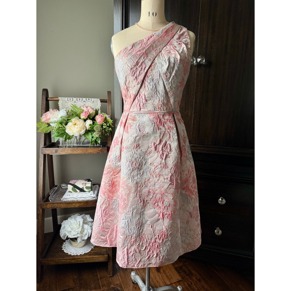 Adrianna Papell Dress Jacquard One‎ Shoulder Fit Flare Pink Size 8 Wedding